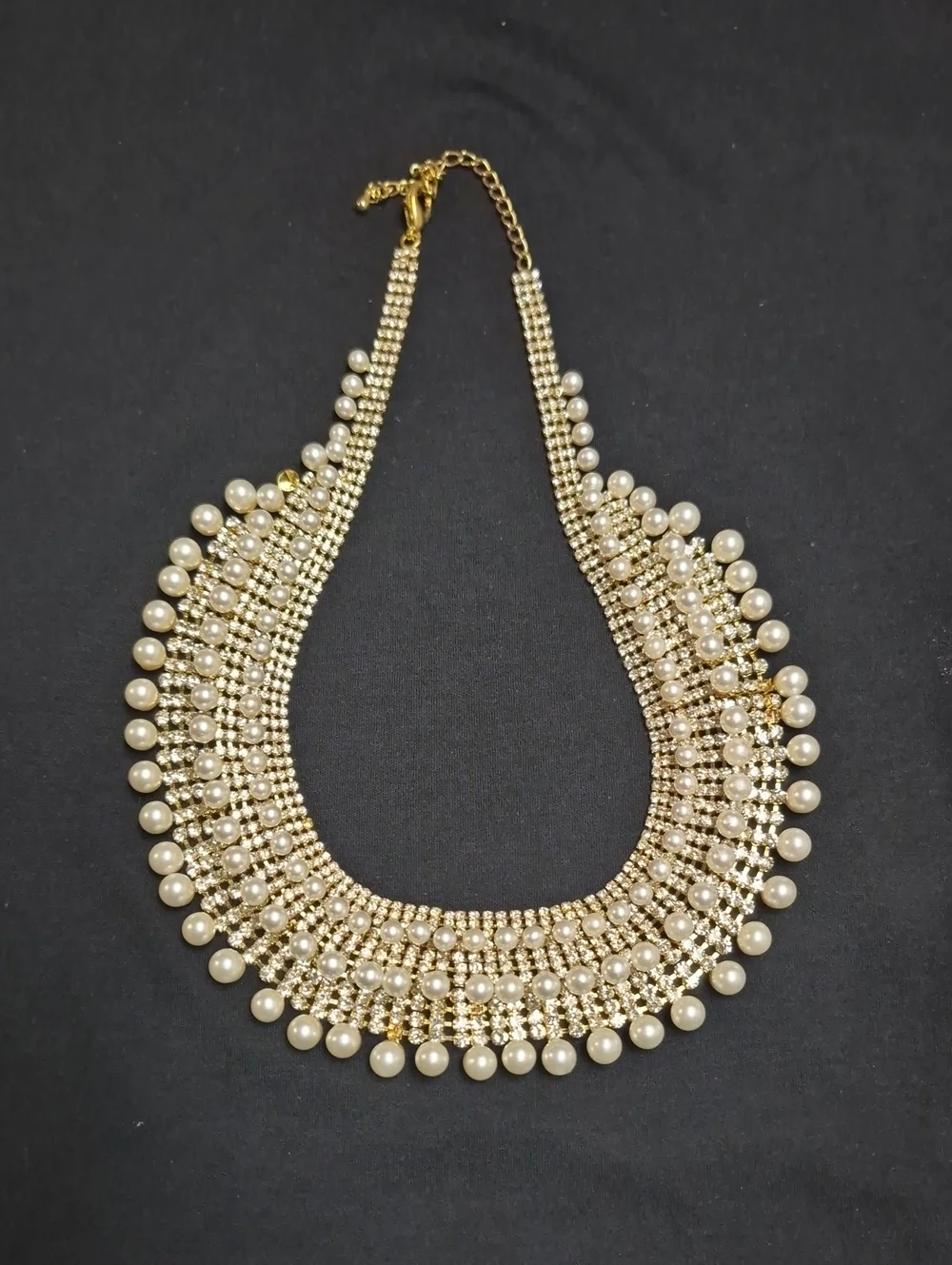 Gold Pearl Collar Necklace with Crystal Rows